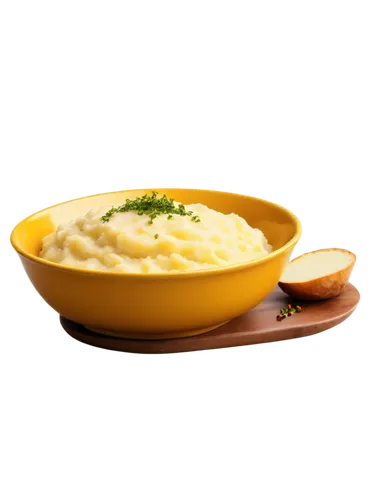 Mashed potatoes, creamy texture, golden yellow, smooth surface, rounded shape, single serving, ceramic bowl, white plate, rustic wood table, warm lighting, shallow depth of field, appetizing compositi