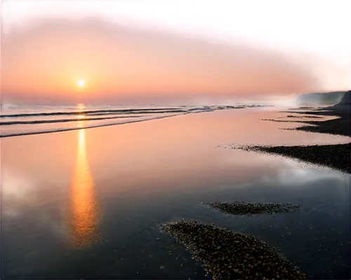 Seaside sunrise, warm golden light, soft mist, gentle waves, sandy beach, rocky shore, lone figure in distance, peaceful atmosphere, shallow depth of field, vivid color tone, horizontal composition, p