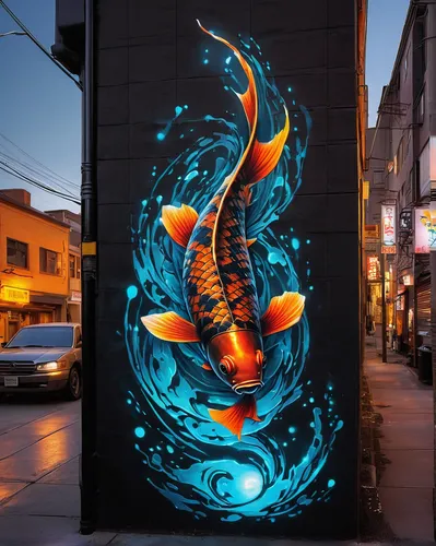 In a futuristic cyberpunk city, describe a street mural of a glowing koi tattoo.,fire artist,koi fish,graffiti art,koi,crab violinist,street artists,street art,street artist,bass violin,music notes,da