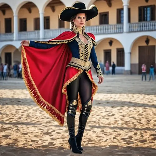 matador,bullfighting,puy du fou,mariachi,majorette (dancer),conquistador,bullfight,catarina,sombrero,swiss guard,charreada,españa la bella,musketeer,chilean rodeo,celebration cape,pandero jarocho,ballet don quijote,seville,bolero jacket,imperial coat,Photography,General,Realistic