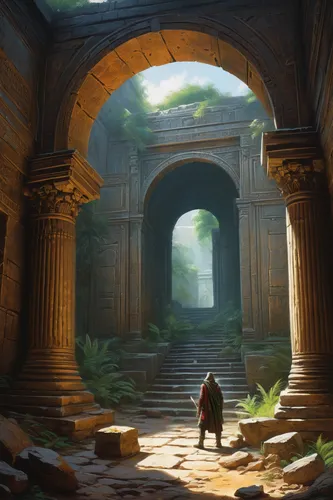 hall of the fallen,ancient city,ruins,archway,gateway,the mystical path,ancient,the ruins of the,threshold,mausoleum ruins,ancient buildings,ruin,the ancient world,the path,concept art,the threshold of the house,pillars,pilgrimage,wander,games of light,Conceptual Art,Oil color,Oil Color 06