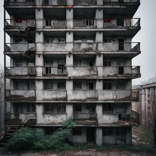 Grey, depressing, Soviet-era apartment building, brutalist concrete structure, crumbling facade, rusty iron balconies, faded red stars, worn-out stone stairs, dimly lit corridors, peeling paint, old w