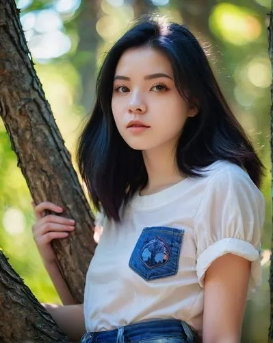 girl in t-shirt,phuquy,asian,isolated t-shirt,asian girl,mulan,portrait photography,asian woman,girl with tree,korean,vintage asian,vietnamese,pi mai,girl portrait,xiaochi,portrait background,forest background,eurasian,tshirt,the girl next to the tree,Conceptual Art,Oil color,Oil Color 23