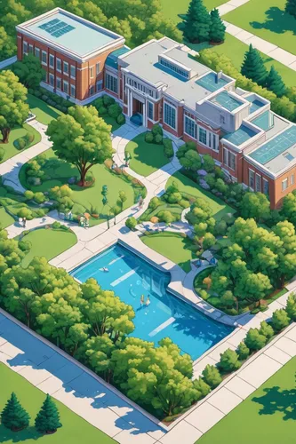 north american fraternity and sorority housing,howard university,swimming pool,outdoor pool,school design,fountain lawn,swim ring,gallaudet university,reflecting pool,aqua studio,luxury property,dolphin school,colleges,campus,dormitory,community college,private school,parkland,business school,lake park,Unique,3D,Isometric