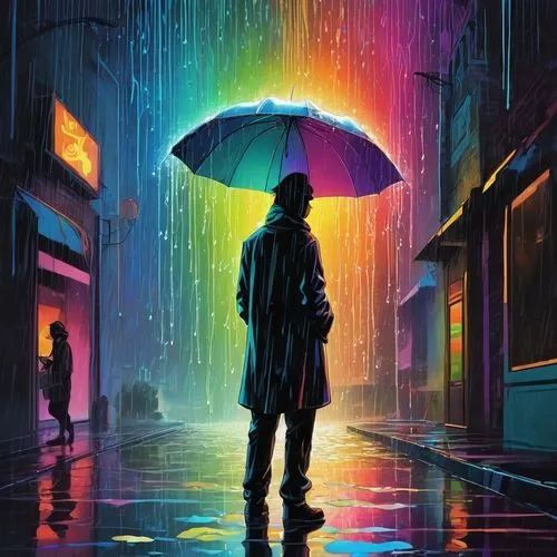 man with umbrella,walking in the rain,rainbow background,rainbo,rainfall,raindops,beautiful wallpaper,world digital painting,colorful background,in the rain,digital painting,rainman,cyberpunk,monsoon,ipad wallpaper,umbrellas,samsung wallpaper,umbrella,rainaldi,temporal,Conceptual Art,Daily,Daily 24