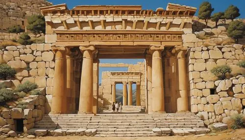 greek temple,baalbek,palmyra,leptis,tiryns,celsus library,jerash,amphipolis,erechtheus,roman temple,herodium,erechtheion,artemis temple,celsus,segesta,laodicea,acropolis,temple of hercules,decapolis,chersonesus,Illustration,Realistic Fantasy,Realistic Fantasy 09