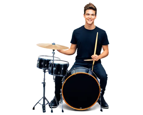 Drummer, male, young adult, dynamic pose, energetic expression, drumsticks in hand, black drums, metallic shine, studio setting, softbox lighting, shallow depth of field, 3/4 composition, warm color t