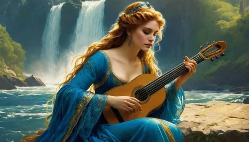 tuatha,violin woman,celtic harp,celtic woman,serenade,woman playing violin,woman playing,sarasate,classical guitar,cellist,bardic,lutenist,music fantasy,songful,violin player,the blonde in the river,art bard,serenata,serenading,fantasy picture,Conceptual Art,Fantasy,Fantasy 05