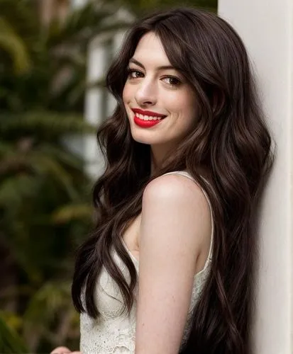 portrait half body of a beautiful Anne Hathaway 25 years old, smiling, red lips, long black hair wearing a white dress in a balcony close to wall behind to sea in miami in the morning as background in