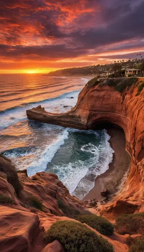 Describe a dramatic sunset over the red cliffs of La Jolla.,sunset cliffs,mona vale,cliffs ocean,new south wales,south australia,coastal landscape,the twelve apostles,pacific coastline,cliff coast,twe