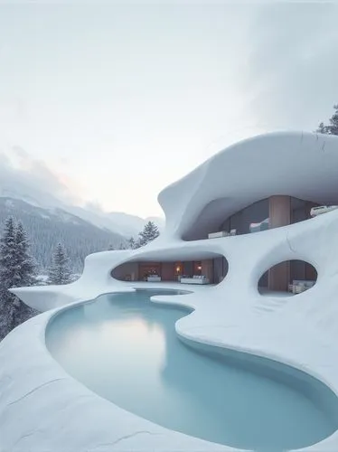 snowhotel,snow roof,igloos,infinity swimming pool,snow shelter,winter house