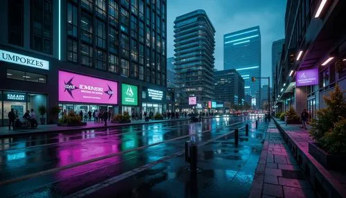 Neon-lit cityscapes, futuristic skyscrapers, metallic surfaces, holographic displays, LED lights, cyberpunk aesthetics, neon blue accents, electric purple hues, bright green highlights, dark grey tone