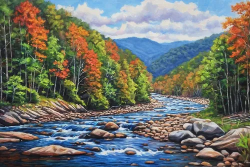 river landscape,mountain river,flowing creek,fall landscape,autumn landscape,mountain stream,raven river,a river,forest landscape,oil painting on canvas,painting technique,aura river,oil painting,nature landscape,brook landscape,river cooter,landscape background,oil on canvas,mountain scene,autumn mountains,Illustration,Paper based,Paper Based 09