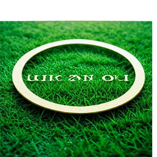 Green lawn, circular emblem, golden font, lowercase lettering, natural scenery, sunny day, morning dew, soft focus, shallow depth of field, vibrant green grass, 3/4 composition, low-angle shot, warm c