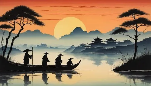 oriental painting,yunnan,guilin,fishermen,world digital painting,guizhou,dragon boat,yangshao,yangshuo,yiping,silhouette art,yonghao,boatmen,haicang,lianjiang,oriental,qingming,guangshen,mekong,dhamma,Illustration,Japanese style,Japanese Style 21