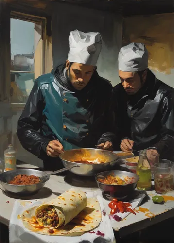 Write a suspenseful scene where a group of friends discover a hidden burrito recipe that holds a secret power.,chefs,chef's uniform,sicilian cuisine,cossacks,italian painter,chef,italians,soup kitchen