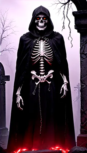 Dark skeleton, ominous atmosphere, glowing red eyes, bony fingers, tattered black cloak, eerie mist, haunting whispers, heavy chains, ancient tombstone, spooky ambiance, low-key lighting, dramatic sha