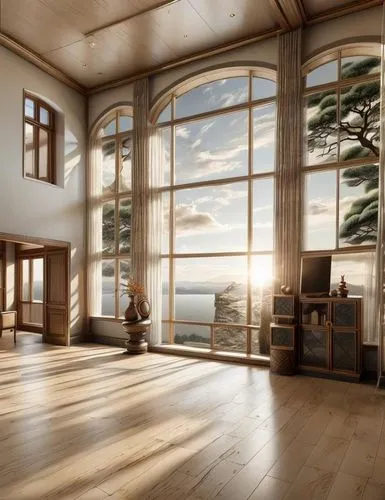 wooden windows,sunroom,japanese-style room,hardwood floors,wooden floor,golden pavilion,wooden sauna,daylighting,ballroom,wooden house,wood window,bay window,wood floor,the golden pavilion,luxury home interior,living room,great room,livingroom,wooden beams,sitting room