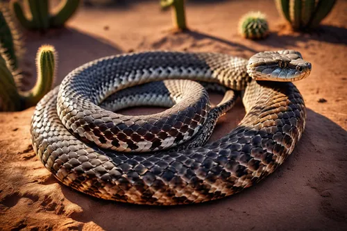 western rattlesnake, coiled position, detailed scales texture, leather saddle, intricate design, cowboy accessories, desert background, cacti, dusty atmosphere, sunset lighting, wide-angle lens, dynam