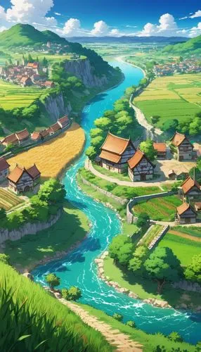 Scenery of a rural medieval town back from a natural passage and with a river alongside. But also having a dirt road and a small agricultural field of wheat.,butka,yamada's rice fields,machico,kanto,y