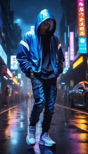 Anime-inspired, futuristic, Sus-inspired character, cool demeanor, blue and white hoodie, black jeans, sneakers, glowing blue eyes, sharp jawline, messy spiky hair, Tokyo cityscape at night, neon ligh