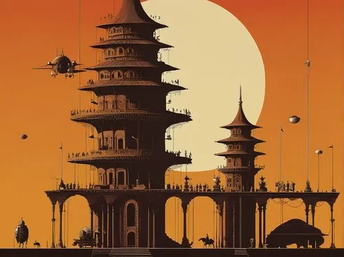 schuiten,asian architecture,schuitema,pagodas,archaia,travel poster,sedensky,uncredited,imagawa,temples,spires,stone pagoda,menara,towers,sci fiction illustration,technodrome,ancient city,discworld,moebius,shanghai,Conceptual Art,Sci-Fi,Sci-Fi 17