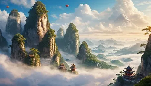 fantasy landscape,mushroom landscape,skylands,fantasy picture,bird kingdom,mountain world,cartoon video game background,3d fantasy,mushroom island,world digital painting,tigers nest,cloud mountain,mountainous landscape,mountain scene,high landscape,landscape background,skylander giants,fantasy art,mountain landscape,sea of clouds,Photography,General,Commercial