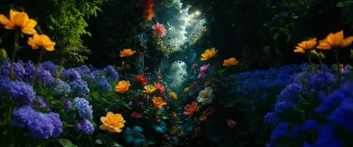 3d background,falling flowers,sea of flowers,fairy forest,tunnel of plants,fractal environment