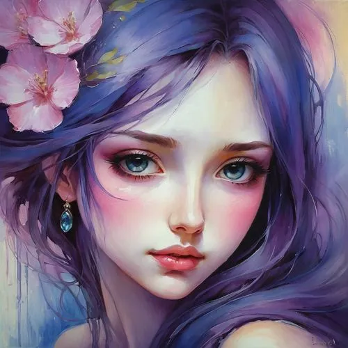 lilac blossom,fantasy portrait,lavender blush,violet eyes,flower painting,violetta,kommuna,violet,girl in flowers,violette,lilac flower,purple lilac,lilac,fae,flower fairy,purple and pink,la violetta,anemone purple floral,fairie,beautiful girl with flowers,Illustration,Realistic Fantasy,Realistic Fantasy 30