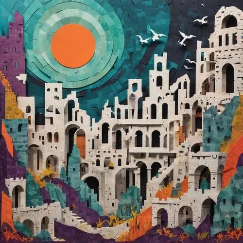 gaudí,damascus,khokhloma painting,bethlehem,medina,ancient city,colorful city,arabic background,mosques,alhambra,church painting,pueblo,coral castle,destroyed city,jaffa,townscape,grand bazaar,pompeii,maya city,boho art,Unique,Paper Cuts,Paper Cuts 07