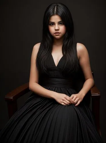 a young  selena gomez  black hair 24 years old whit a  black dress sitting in a chair in the living not looking to camera in 4k,quinceañera,portrait photography,plus-size model,gothic dress,gothic por