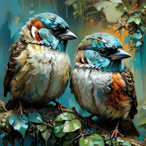 Impressionism oil painting. Thick brushstrokes, airbrush affect, textured painting, abstract artwork, mixed media, vintage art, concept art, hyperrealistic oil painting :: Chibi house sparrows : "smoo