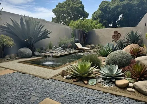 Modern Mexican Interior Design, Living Room, vibrant Mexican textiles, rustic terracotta tiles, lush indoor agave
,an outdoor garden with lots of succulents,xeriscaping,landscape design sydney,zen gar