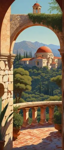 apolloni,civitella,caelian,tuscan,mystras,assisi,panoramic landscape,provencal,archways,kotor,mediterranean,volterra,landscape background,nemea,occitan,toscana,edessaikos,frescoed,artena,church painting,Illustration,Retro,Retro 15