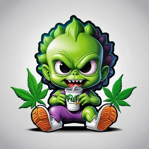 Logo for text "'Puff"' on the theme of looney toon garbage pail kid alien sitting, Marijuana logo theme. 3d logo,green goblin,incredible hulk,weed,stoner,leafy,ecto-1,mary jane,potted plant,groot supe