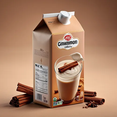 4k image, high quality, extremly detailed, highest quality, masterpiece, absurdres, depth of field, smooth lighting, cinnamon milk package with cinnamon stick, brown colors, product design, paper pack