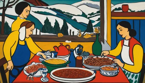 chile and frijoles festival,khokhloma painting,alpine restaurant,arrowroot family,folk art,indigenous painting,barbacoa,christmas scene,thanksgiving table,woman holding pie,herring family,nordic christmas,christmas dinner,valais,myfestiveseason romania,cholent,santa fe,yukon territory,eastern european food,philippine adobo,Art,Artistic Painting,Artistic Painting 39