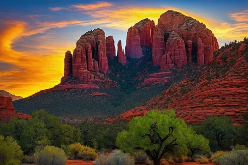 Sun setting on Cathedral Rock, Sedona Arizona.,sedona,fairyland canyon,beautiful landscape,mountain sunrise,arizona,red rock canyon,desert landscape,desert desert landscape,landscapes beautiful,united