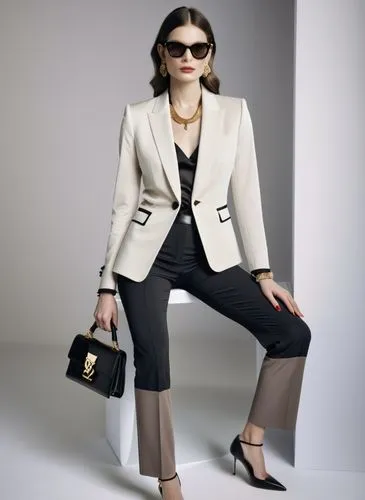 Fashion show ,a woman in white jacket and black pants holding a black purse,woman in menswear,streitfeld,roitfeld,maxmara,menswear for women,trinny,Photography,General,Natural