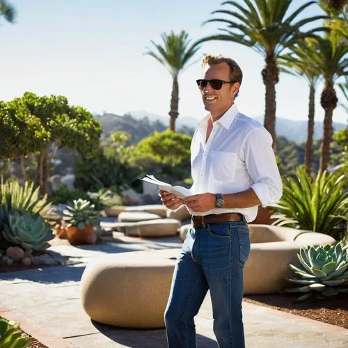 American landscape architect, male, 30s, casual attire, jeans, white shirt, sunglasses, measuring tape, notebook, pencil, walking, observing, taking notes, modern villa, California, Santa Monica mount