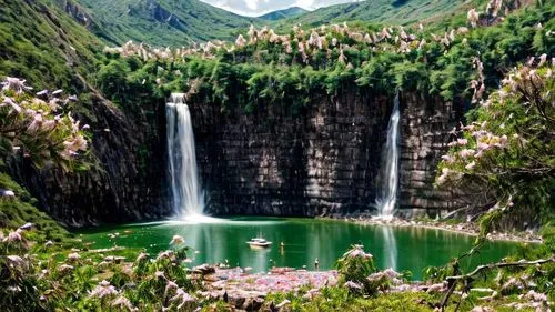 Mountains full of locust flowers, mountain waterfalls flow into the lake below the mountain,green waterfall,helmcken falls,the valley of flowers,wasserfall,the chubu sangaku national park,brown waterf