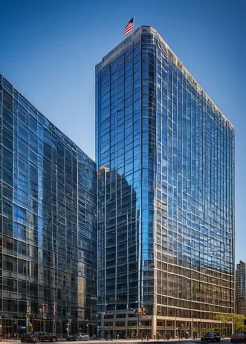 Chicago skyscraper, modern architecture, glass and steel building, urban landscape, daytime, sunny weather, clear blue sky, city streets, busy traffic, pedestrians walking, bicycles parked, street lam