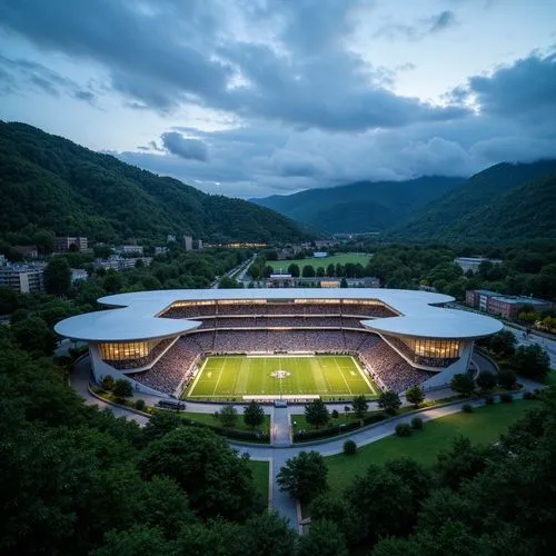 Lush green landscape, rolling hills, natural stone retaining walls, integrated football stadium, sleek modern architecture, curved lines, angular facades, cantilevered roofs, large glass windows, tran