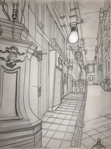 I need retro light bulb sign arrow coming out of the side wall saying Gemma Joe's. ,narrow street,alleyway,store fronts,old linden alley,game drawing,townscape,mono-line line art,line drawing,alley,th