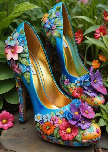 Paint a whimsical pair of shoes adorned with colorful flowers in a magical garden.,garden shoe,cinderella shoe,colorful floral,heeled shoes,butterfly floral,high heel shoes,woman shoes,ladies shoes,we