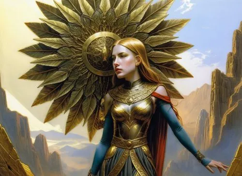 a girl with golden and blue outfit and headdress,dawnstar,zauriel,sundancer,archangel,prospera,goldsun,Illustration,Realistic Fantasy,Realistic Fantasy 03