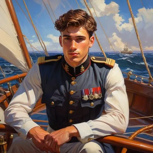 handsome young man with brown hair and brown eyes, he is british marine officer, sailing on the seas,alexandrovich,petkanov,hornblower,konstantin bow,yachtsman,capitano,dmitriyevich,capitaine,brown sa