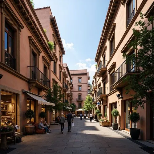 Grand Renaissance-style buildings, ornate rooflines, terracotta tiles, decorative cornices, arched windows, grand staircases, opulent chandeliers, luxurious textiles, rich wood tones, intricate moldin