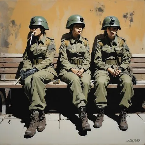 female soldiers, chillin', smoking, on bench,,servicewomen,conscripts,berets,gurkhas,molossians,militaires,1940 women,colorization,militar,servicewoman,riveters,soldiers,conscript,policewomen,arvn,att