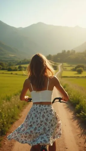 

A candid and spontaneous photograph of a woman riding a bicycle on a picturesque rural road. Seen from behind, she wears a whitesleeveless crop-top and a floral skirt that billows in the wind. The s